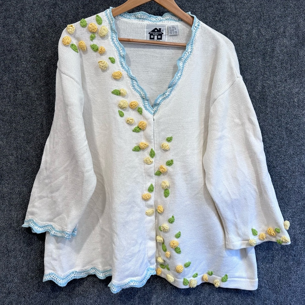 Vintage Storybook Knits cardigan 2X crochet flowers buttons white summer sweater